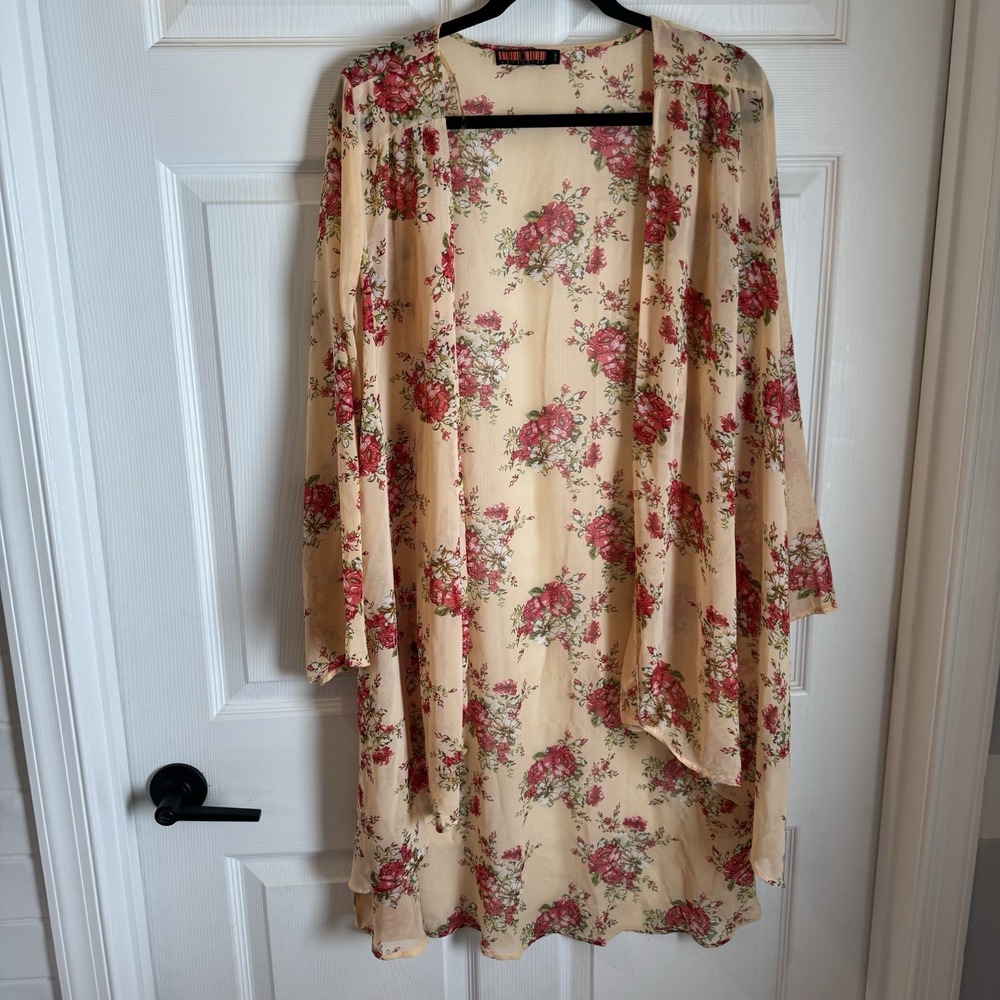 Love Tree (Sz L) Boho Sheer Kimono Duster‎ Cover-Up Floral Festival Hippie Beach